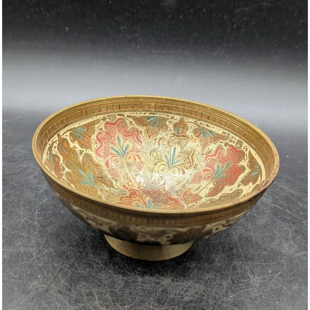 Vintage Hand Painted Brass Floral Bowl Footed Trinket Dish Red Turquoise Gold 3